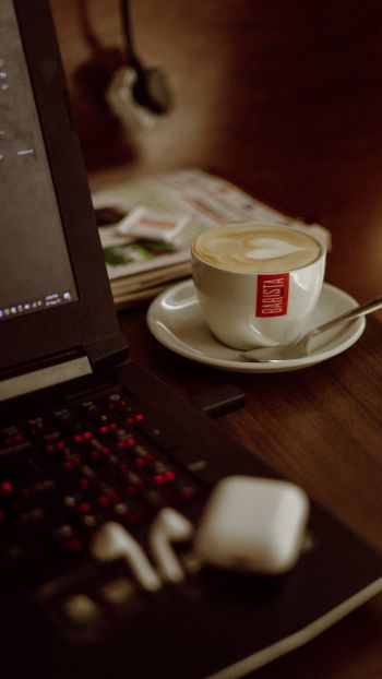 cup of coffee, workplace Wallpaper 750x1334