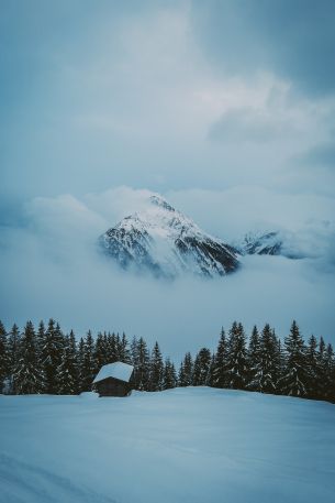 snow mountain, house Wallpaper 640x960