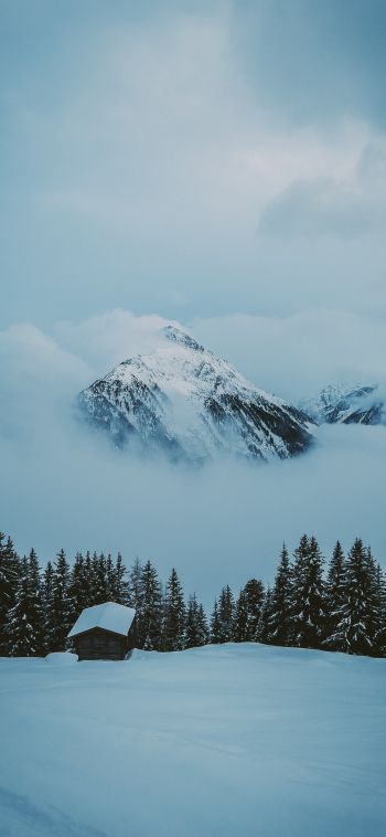 snow mountain, house Wallpaper 1080x2340