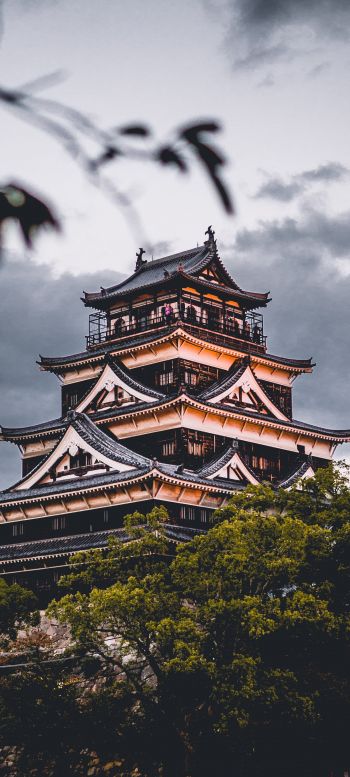 Обои 1440x3200 Замок Хиросима, храм, Япония