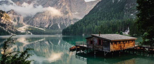 Lake Braies, lake house, lake Wallpaper 3440x1440