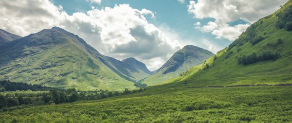 Обои 2560x1080 долина, холмы, Шотландия
