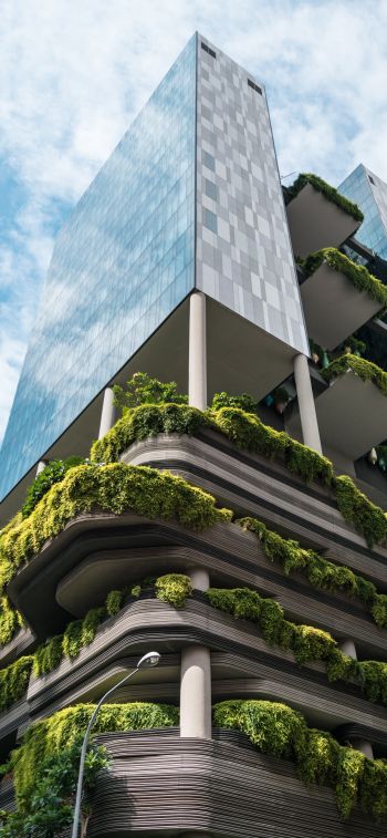 Обои 828x1792 Сингапур, здание с растениями
