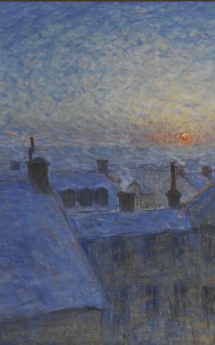 Обои 800x1280 картина, восход солнца над крышами