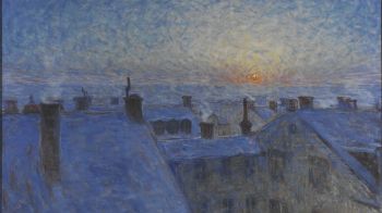 Обои 2048x1152 картина, восход солнца над крышами