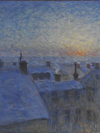 Обои 1536x2048 картина, восход солнца над крышами