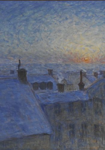 Обои 1668x2388 картина, восход солнца над крышами