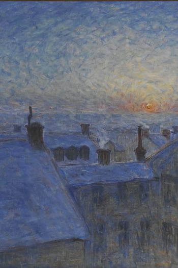 Обои 640x960 картина, восход солнца над крышами