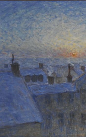 Обои 1200x1920 картина, восход солнца над крышами