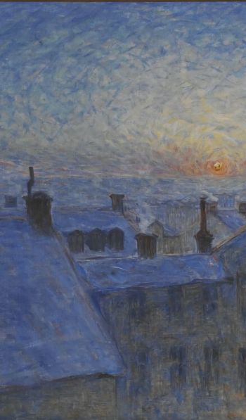Обои 600x1024 картина, восход солнца над крышами