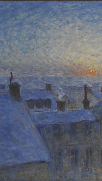 Обои 640x1136 картина, восход солнца над крышами