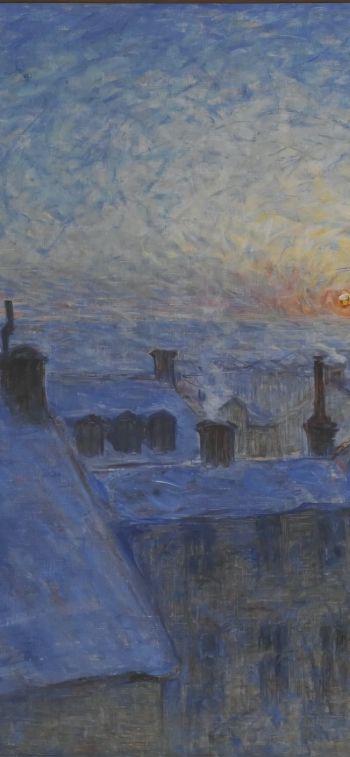 Обои 1242x2688 картина, восход солнца над крышами
