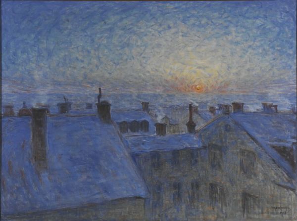 Обои 4000x2980 картина, восход солнца над крышами