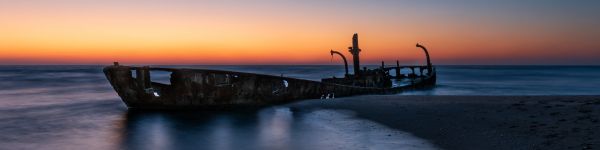 sunset, derelict ship Wallpaper 1590x400