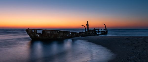 sunset, derelict ship Wallpaper 3440x1440