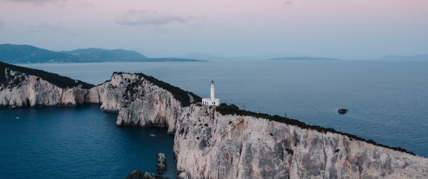 Lighthouse at Cape Lefkada, Apollonius, Greece Wallpaper 3440x1440