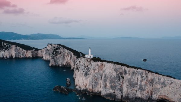 Lighthouse at Cape Lefkada, Apollonius, Greece Wallpaper 3840x2160