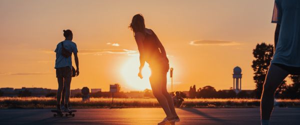 skateboarders, sunset Wallpaper 3440x1440