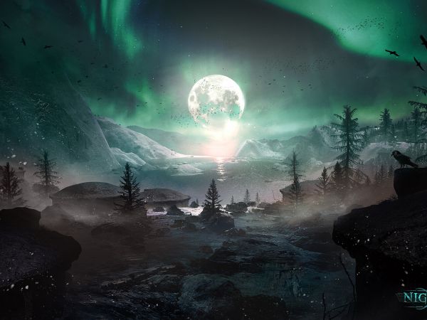 night, northern lights, moon Wallpaper 1024x768