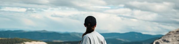 girl, traveler, mountains Wallpaper 1590x400