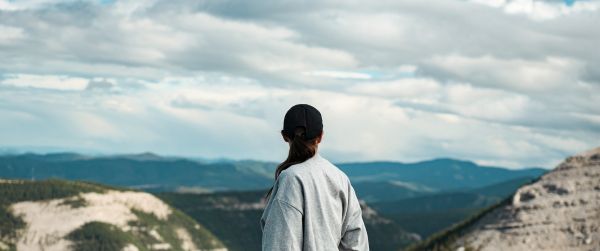 girl, traveler, mountains Wallpaper 3440x1440