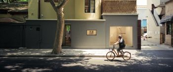 house, cyclist Wallpaper 2560x1080