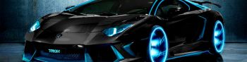 Lamborghini Aventador TRON, sports car, neon Wallpaper 1590x400