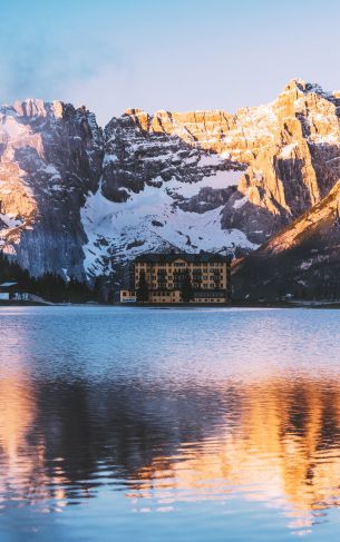 lake house, mountain range Wallpaper 1752x2800