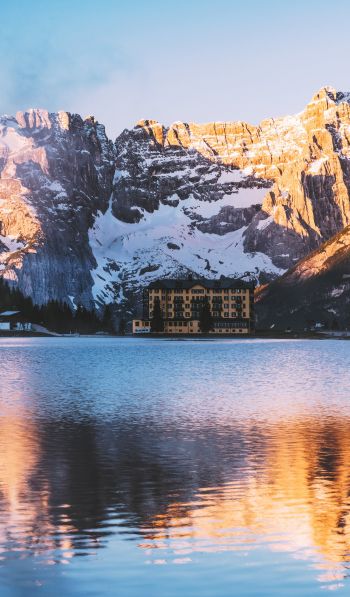 lake house, mountain range Wallpaper 600x1024