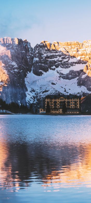 lake house, mountain range Wallpaper 1440x3200