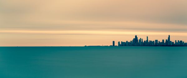 sea, city, landscape Wallpaper 3440x1440