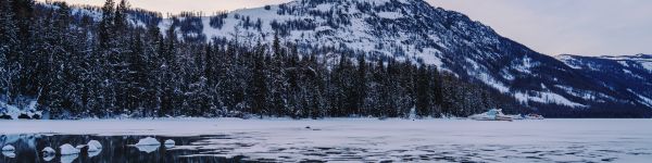 winter lake, mountain Wallpaper 1590x400