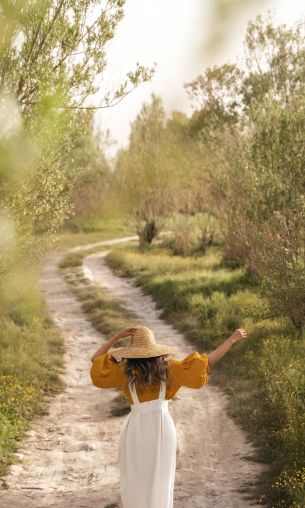 footpath, girl in a hat Wallpaper 1200x2000