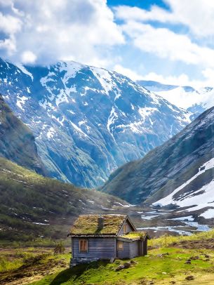 house, mountains, landscape Wallpaper 1536x2048