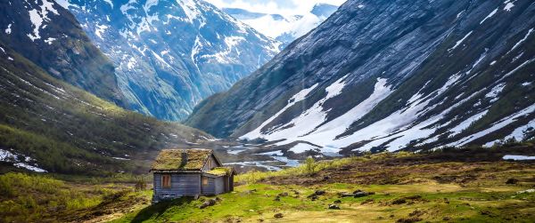 house, mountains, landscape Wallpaper 3440x1440