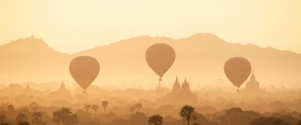 morning dawn, balloons Wallpaper 3440x1440