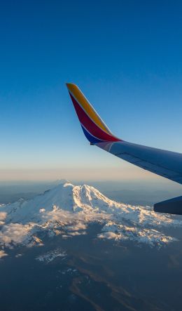 airplane wing, flight, Mount Rainier Wallpaper 600x1024