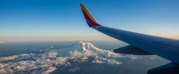 airplane wing, flight, Mount Rainier Wallpaper 3440x1440