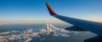 airplane wing, flight, Mount Rainier Wallpaper 2560x1080