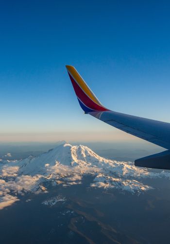 airplane wing, flight, Mount Rainier Wallpaper 1668x2388