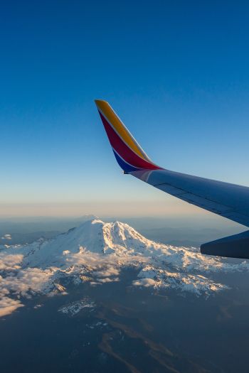 airplane wing, flight, Mount Rainier Wallpaper 640x960