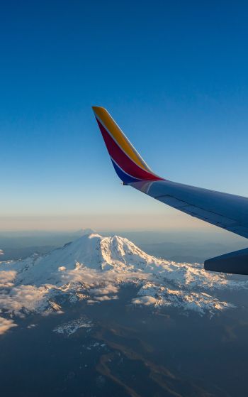 airplane wing, flight, Mount Rainier Wallpaper 1752x2800