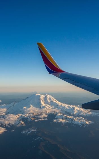 airplane wing, flight, Mount Rainier Wallpaper 1200x1920