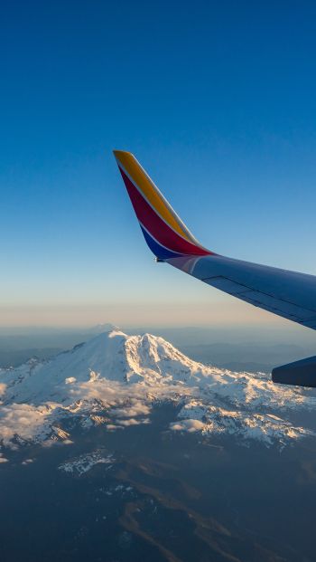 airplane wing, flight, Mount Rainier Wallpaper 640x1136