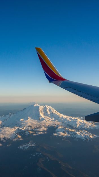 airplane wing, flight, Mount Rainier Wallpaper 1080x1920