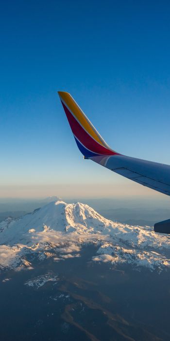 airplane wing, flight, Mount Rainier Wallpaper 720x1440