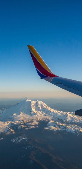 airplane wing, flight, Mount Rainier Wallpaper 1440x2960