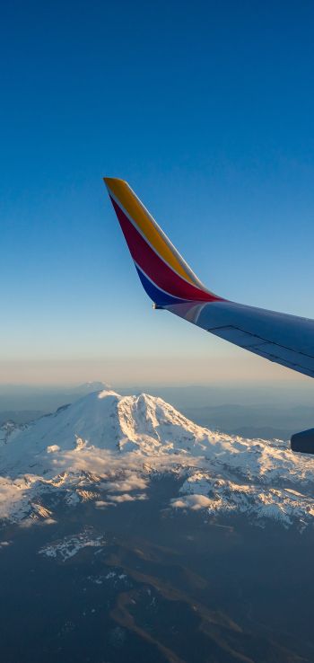 airplane wing, flight, Mount Rainier Wallpaper 1080x2280