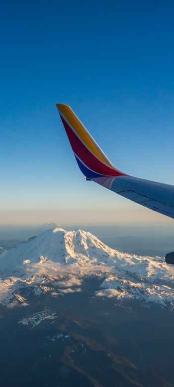 airplane wing, flight, Mount Rainier Wallpaper 1080x2400