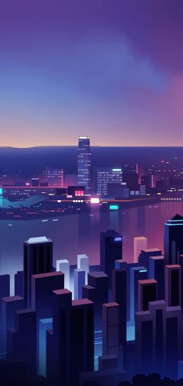 Обои 720x1520 ночной город, вид с высоты птичьего полета, фиолетовый